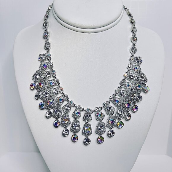 Kirks Folly Silver Tone Aurora Borealis Crystal Rhinestone Bib Necklace (5993) - Picture 2 of 12